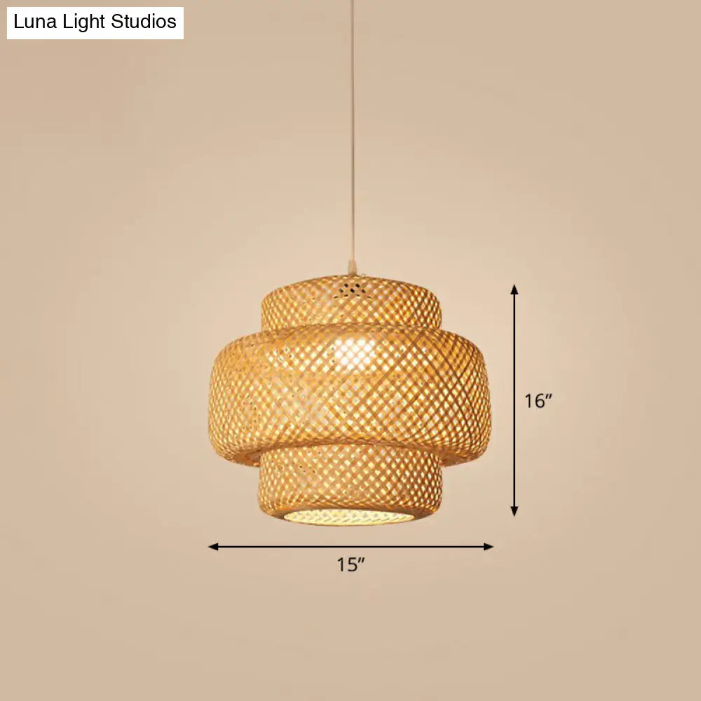 Bamboo Cage Pendant Light For Tearoom - Chinese Style 1 Bulb Beige