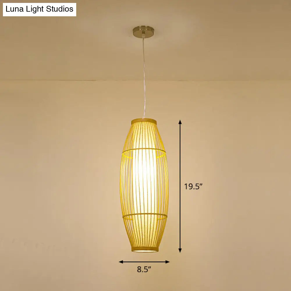 Bamboo Cage Pendant Light For Tearoom - Chinese Style 1 Bulb Beige