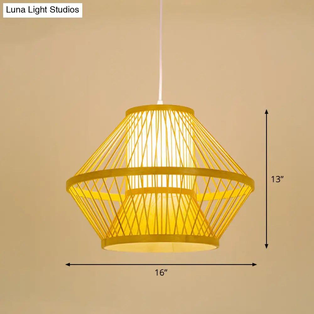 Bamboo Cage Pendant Light For Tearoom - Chinese Style 1 Bulb Beige