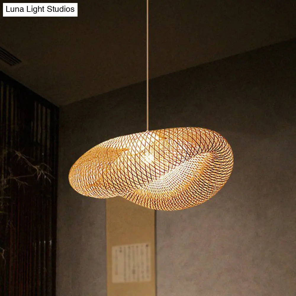 Bamboo Cage Pendant Light For Tearoom - Chinese Style 1 Bulb Beige