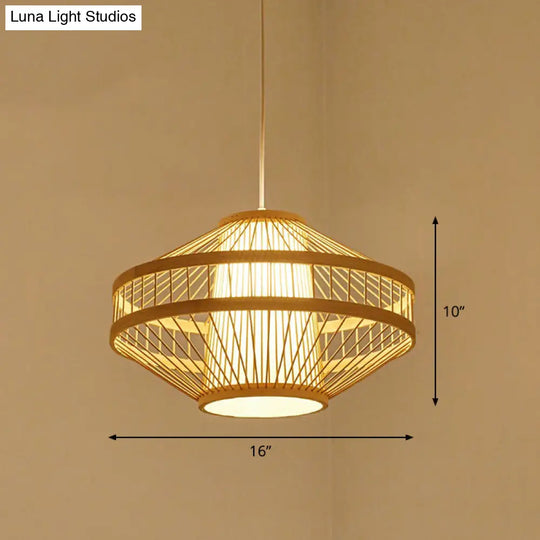 Bamboo Cage Pendant Light For Tearoom - Chinese Style 1 Bulb Beige