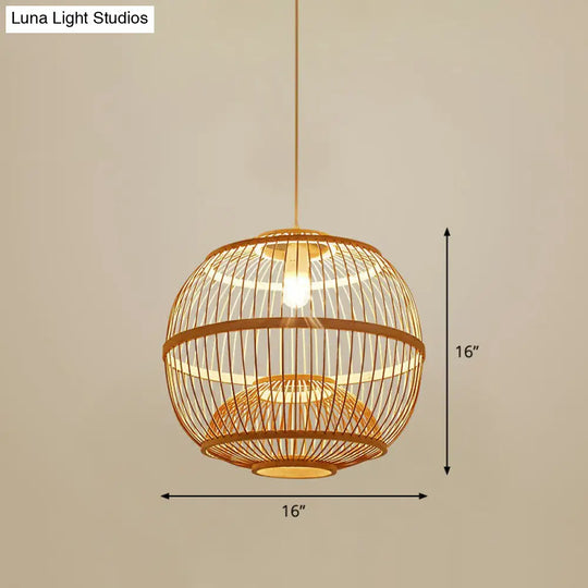 Bamboo Cage Pendant Light For Tearoom - Chinese Style 1 Bulb Beige