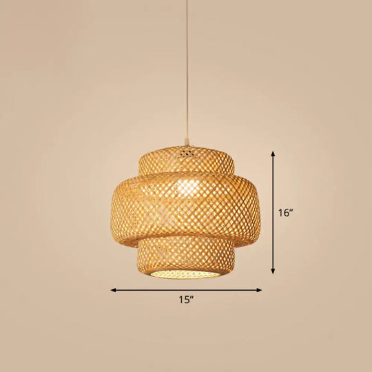 Bamboo Cage Pendant Light For Tearoom - Chinese Style 1 Bulb Beige / G