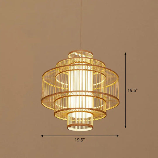 Bamboo Cage Pendant Light For Tearoom - Chinese Style 1 Bulb Beige / R