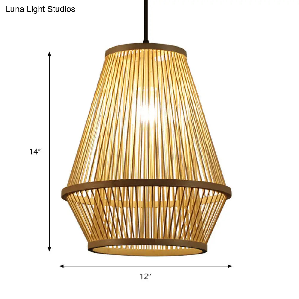 Contemporary Bamboo Wood Cage Pendant Light With 1 Bulb Stylish Hanging Fixture