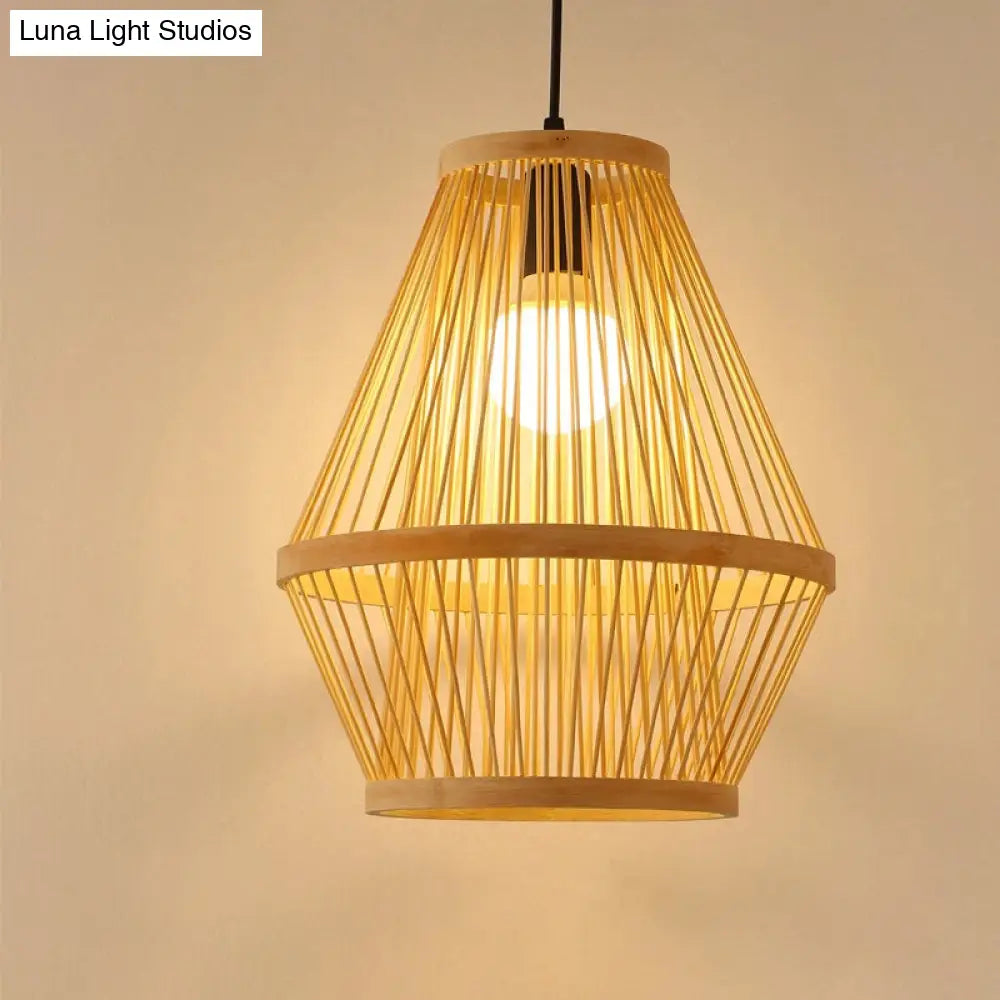 Contemporary Bamboo Wood Cage Pendant Light With 1 Bulb Stylish Hanging Fixture