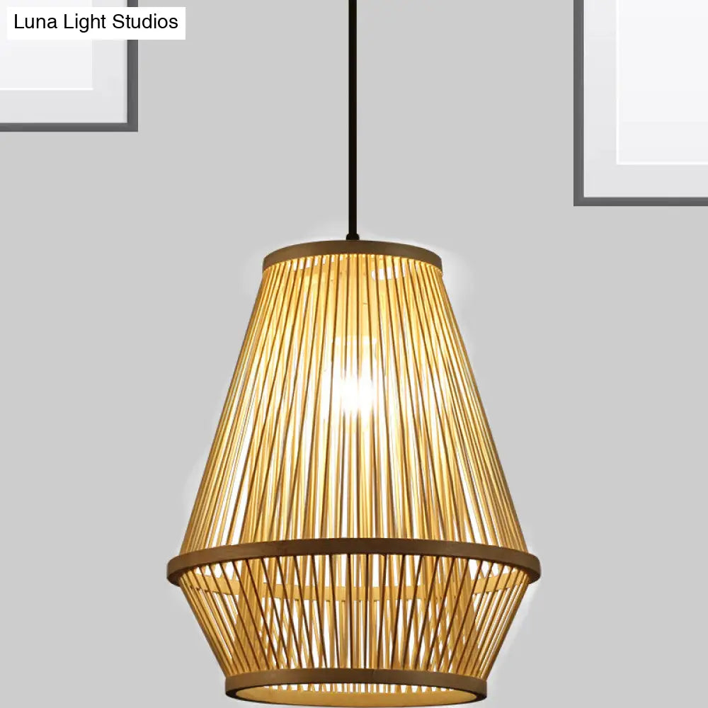 Contemporary Bamboo Wood Cage Pendant Light With 1 Bulb Stylish Hanging Fixture