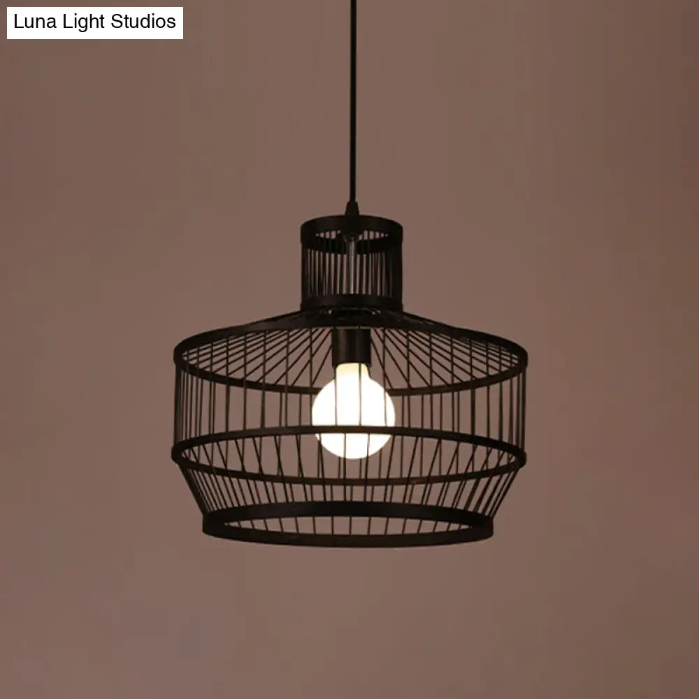 Bamboo Cage Pendant Lighting - Chinese Style 1-Light Black Ceiling Lamp