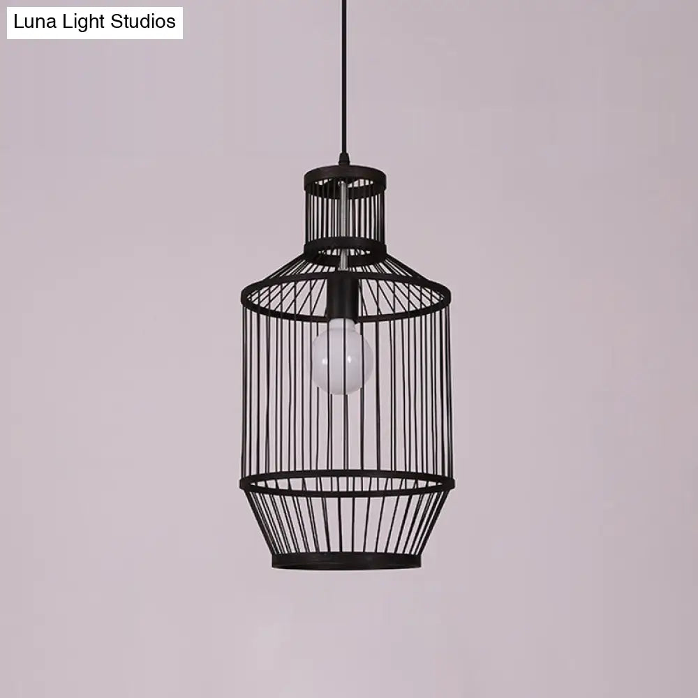 Bamboo Cage Pendant Lighting - Chinese Style 1-Light Black Ceiling Lamp