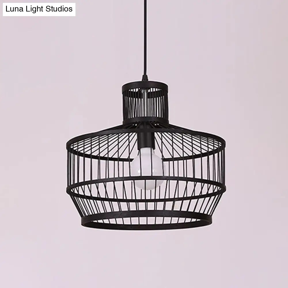 Bamboo Cage Pendant Lighting - Chinese Style 1-Light Black Ceiling Lamp