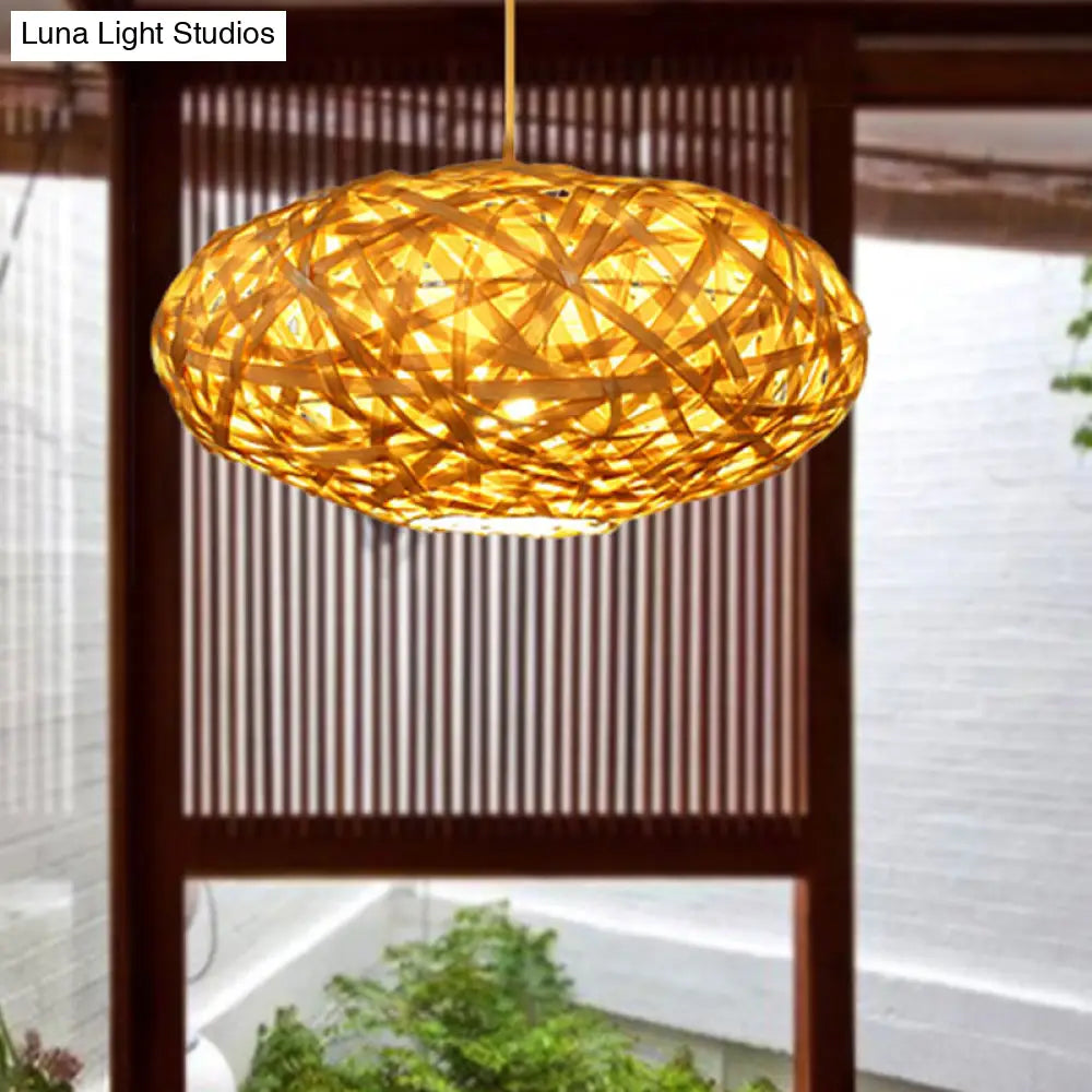 Bamboo Ceiling Lamp - Japanese Style Oval Shape 1 Head Beige Hanging Light Fixture For Restaurants