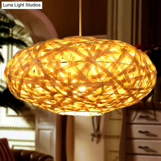 Bamboo Ceiling Lamp - Japanese Style Oval Shape 1 Head Beige Hanging Light Fixture For Restaurants