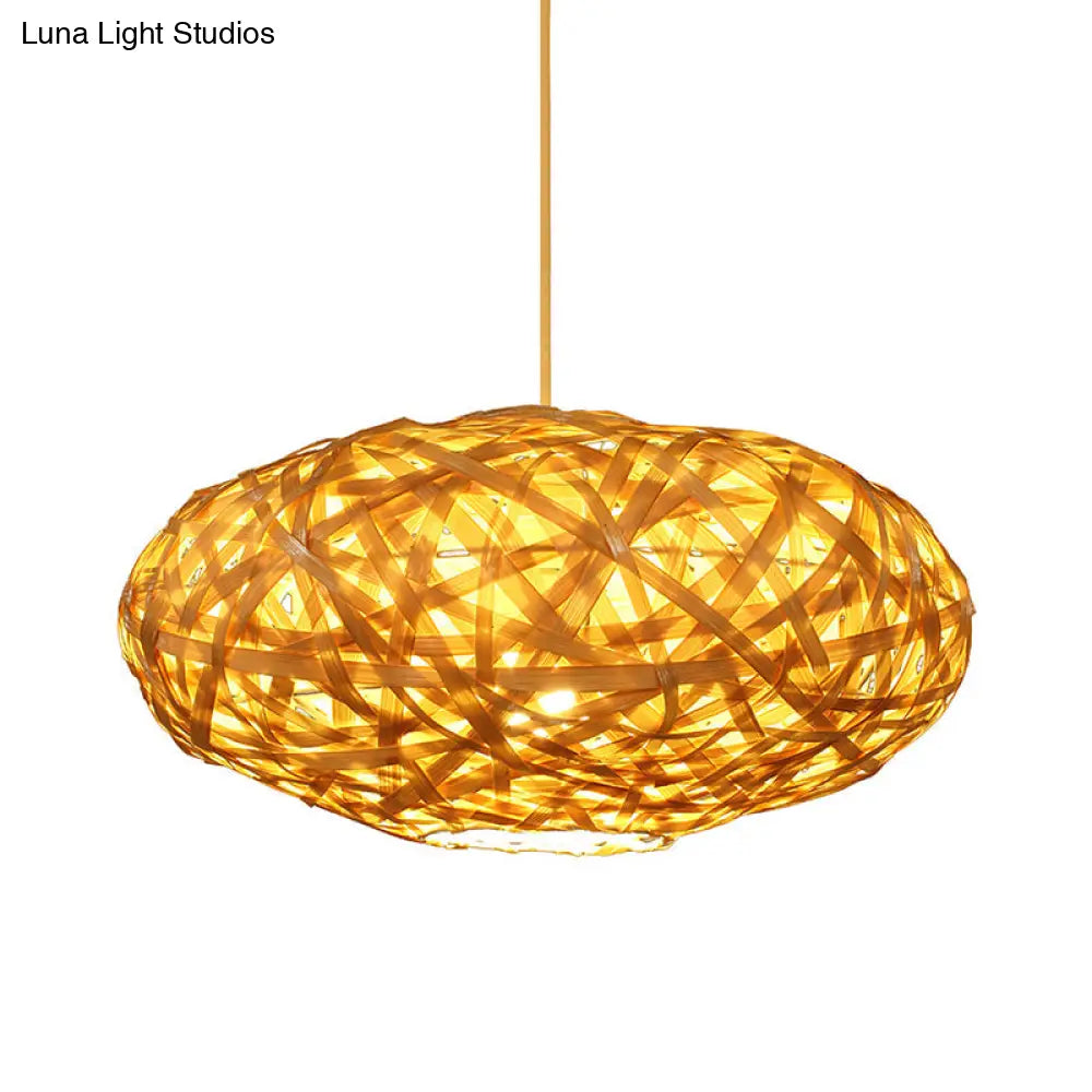 Bamboo Ceiling Lamp - Japanese Style Oval Shape 1 Head Beige Hanging Light Fixture For Restaurants