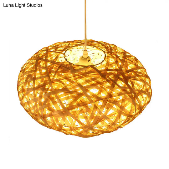 Bamboo Ceiling Lamp - Japanese Style Oval Shape 1 Head Beige Hanging Light Fixture For Restaurants