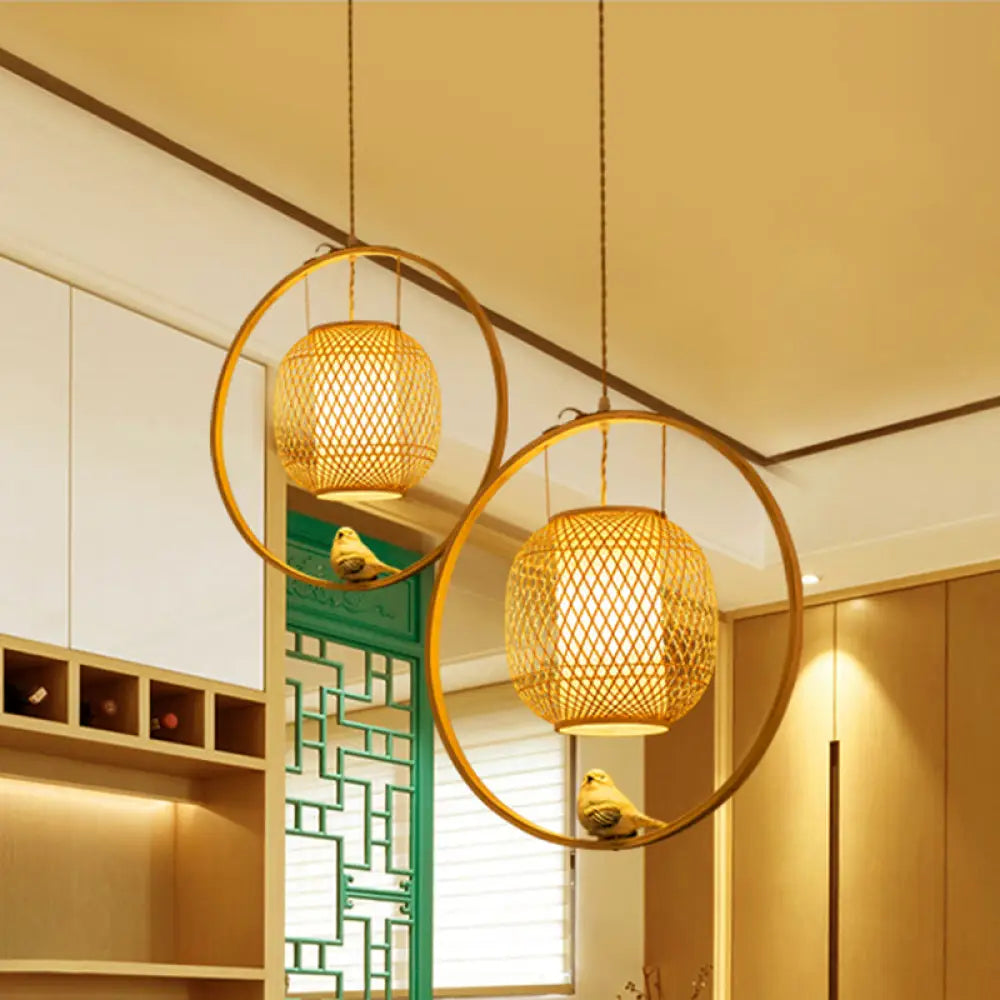 Bamboo Ceiling Light With Bird Deco: Modern Globe Hanging Lamp Kit In Beige