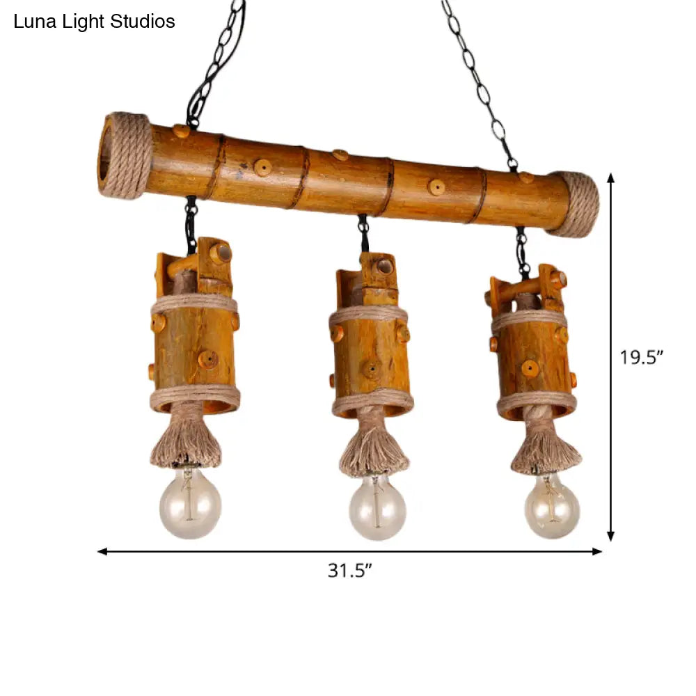 Bamboo Chinese Bucket Pendant Lamp - Countryside 3-Bulb Island Light Fixture In Brown With Rope