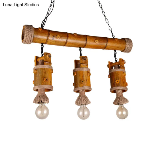 Bamboo Chinese Bucket Pendant Lamp - Countryside 3-Bulb Island Light Fixture In Brown With Rope