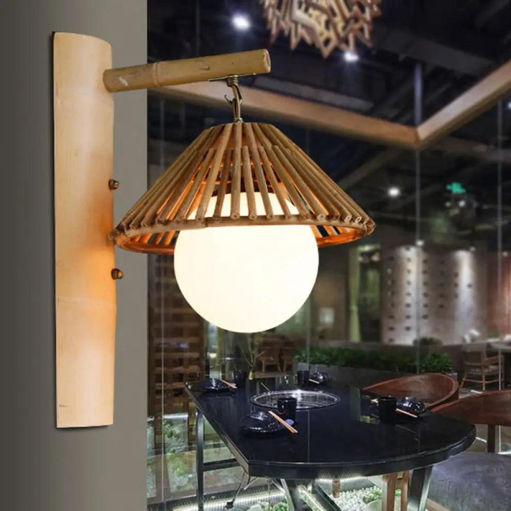 Bamboo Cone 1-Light Asian Style Wall Lamp - Brown With White Glass Ball Shade