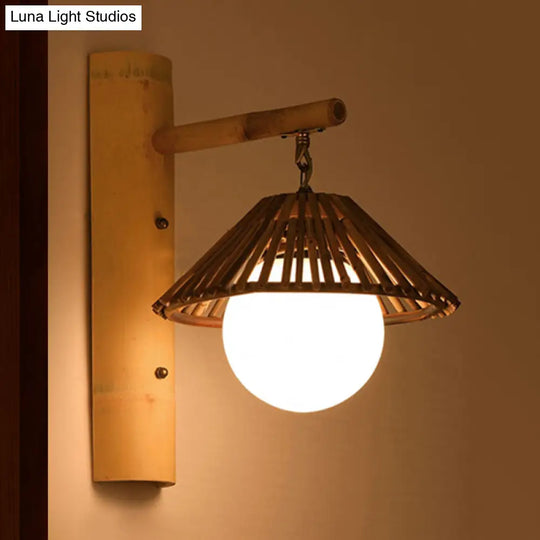 Bamboo Cone 1-Light Asian Style Wall Lamp - Brown With White Glass Ball Shade