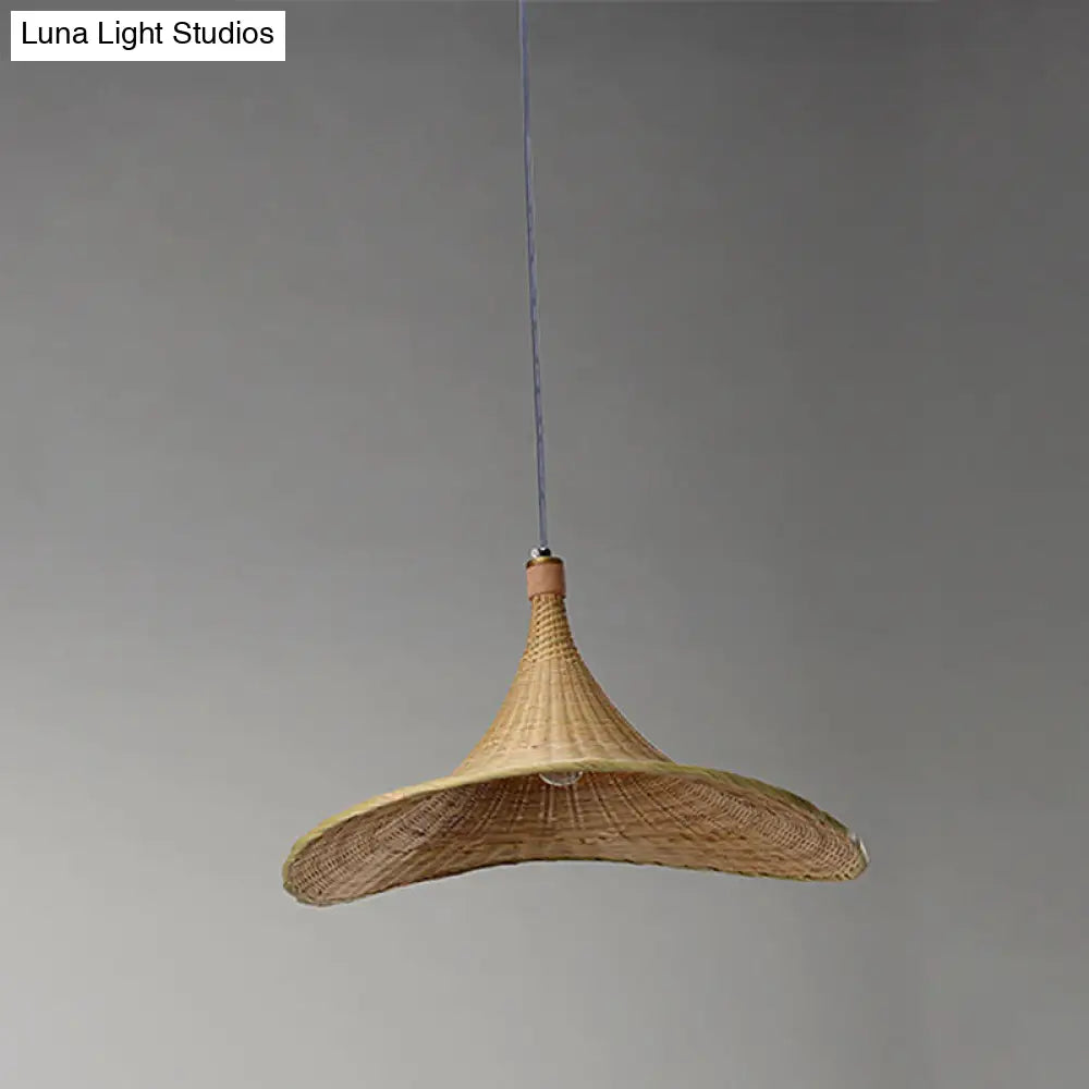 Contemporary Bamboo Pendant Lamp - Hat Shape 1 Light Beige 16/19.5 W