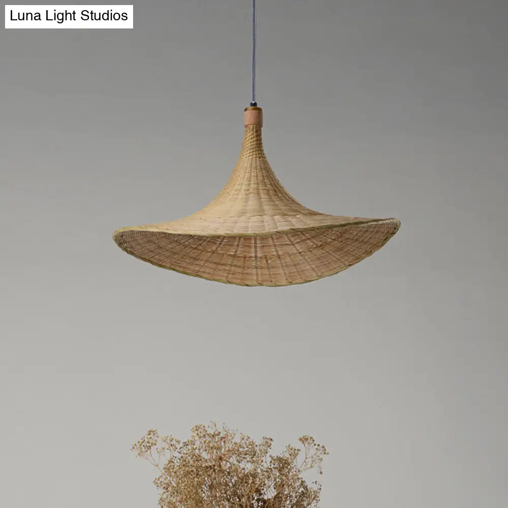 Contemporary Bamboo Pendant Lamp - Hat Shape 1 Light Beige 16/19.5 W