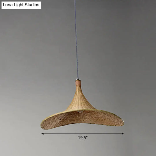 Contemporary Bamboo Pendant Lamp - Hat Shape 1 Light Beige 16/19.5 W