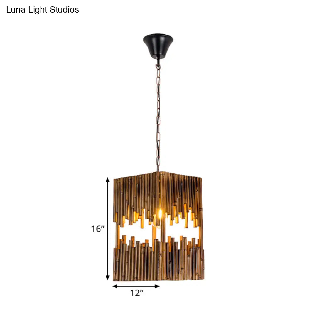 Bamboo Cuboid Pendant Lamp: Industrial Suspension Light With 1 Bulb For Restaurant Ceilings - Brown