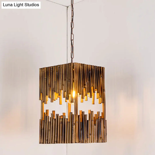 Bamboo Tube Cuboid Suspension Light Industrial Pendant Lamp With 1 Bulb Brown Finish Perfect For