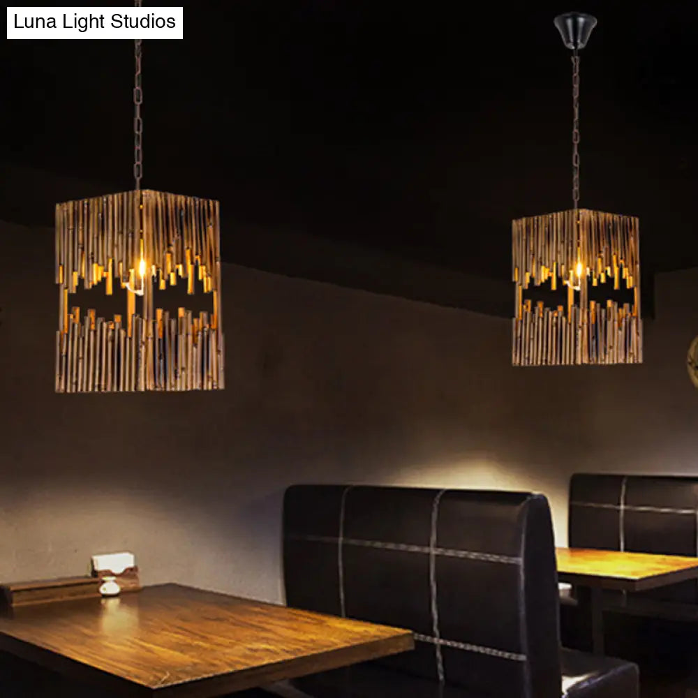 Bamboo Cuboid Pendant Lamp: Industrial Suspension Light With 1 Bulb For Restaurant Ceilings - Brown