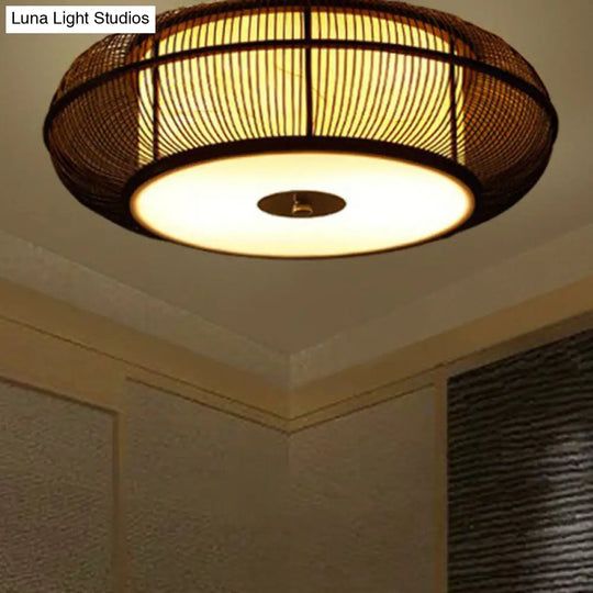 Bamboo Curved Drum Flush Light - Asian Style Ceiling Fixture Black / 18