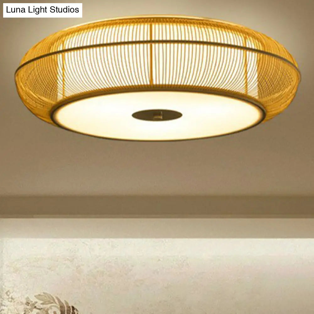 Bamboo Curved Drum Flush Light - Asian Style Ceiling Fixture Wood / 18
