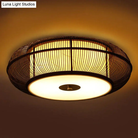 Bamboo Curved Drum Flush Light - Asian Style Ceiling Fixture