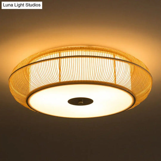 Bamboo Curved Drum Flush Light - Asian Style Ceiling Fixture