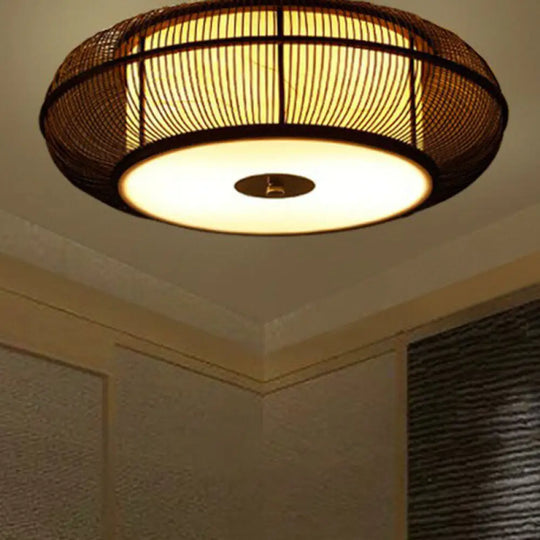 Bamboo Curved Drum Flush Light - Asian Style Ceiling Fixture Black / 18’