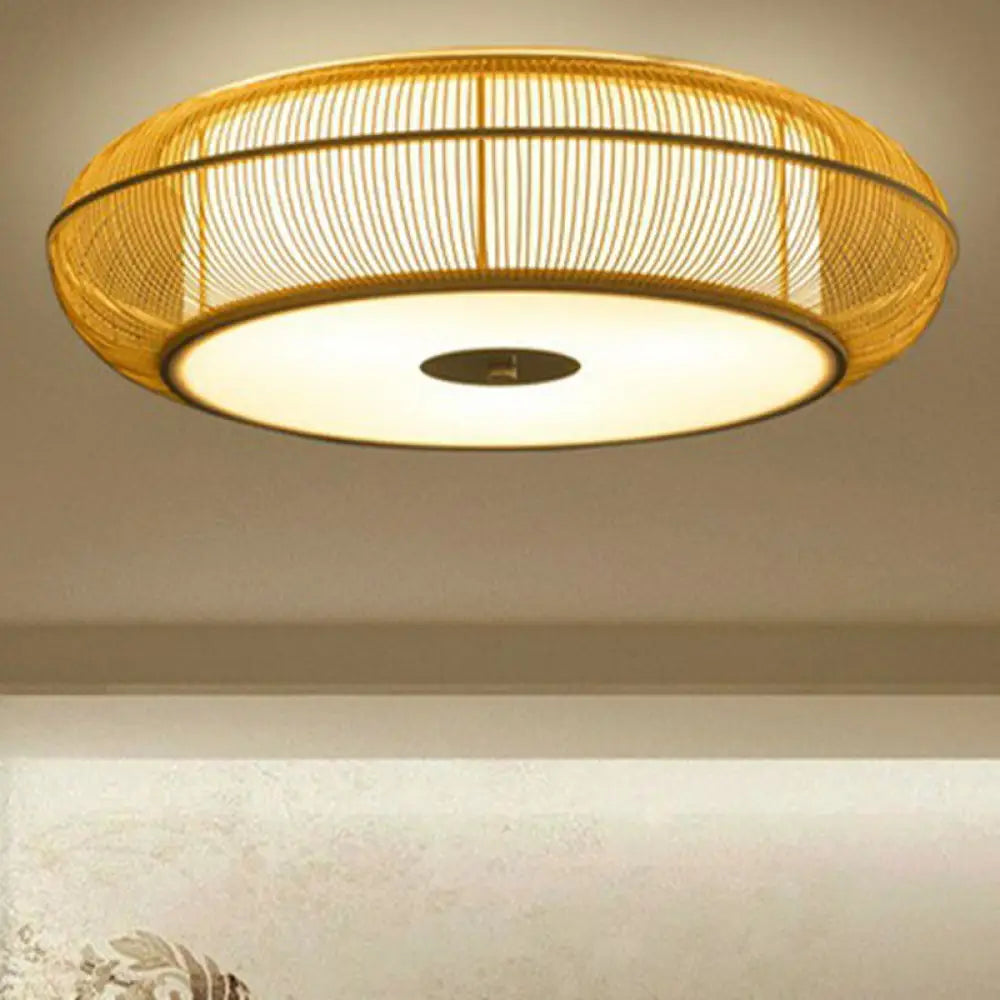 Bamboo Curved Drum Flush Light - Asian Style Ceiling Fixture Wood / 18’