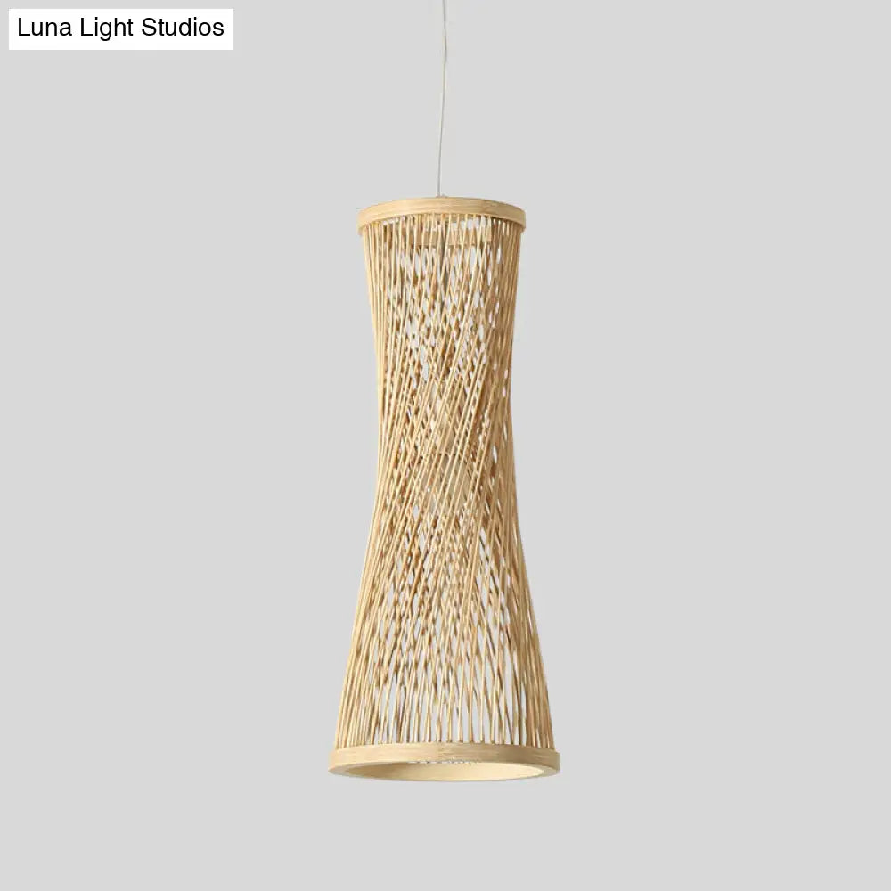 Bamboo Curved Pendant Light - 1 Beige Fixture For Dining Room