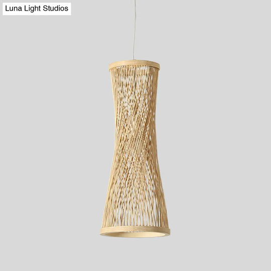 Bamboo Curved Pendant Light - 1 Beige Fixture For Dining Room