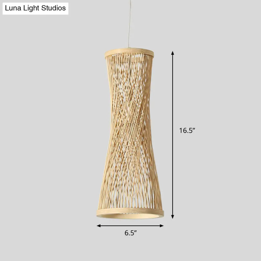 Bamboo Curved Pendant Light - 1 Beige Fixture For Dining Room