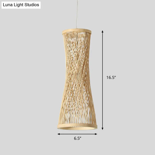 Asian Bamboo Curved Pendant Lighting - 1 Light Beige Fixture For Dining Room