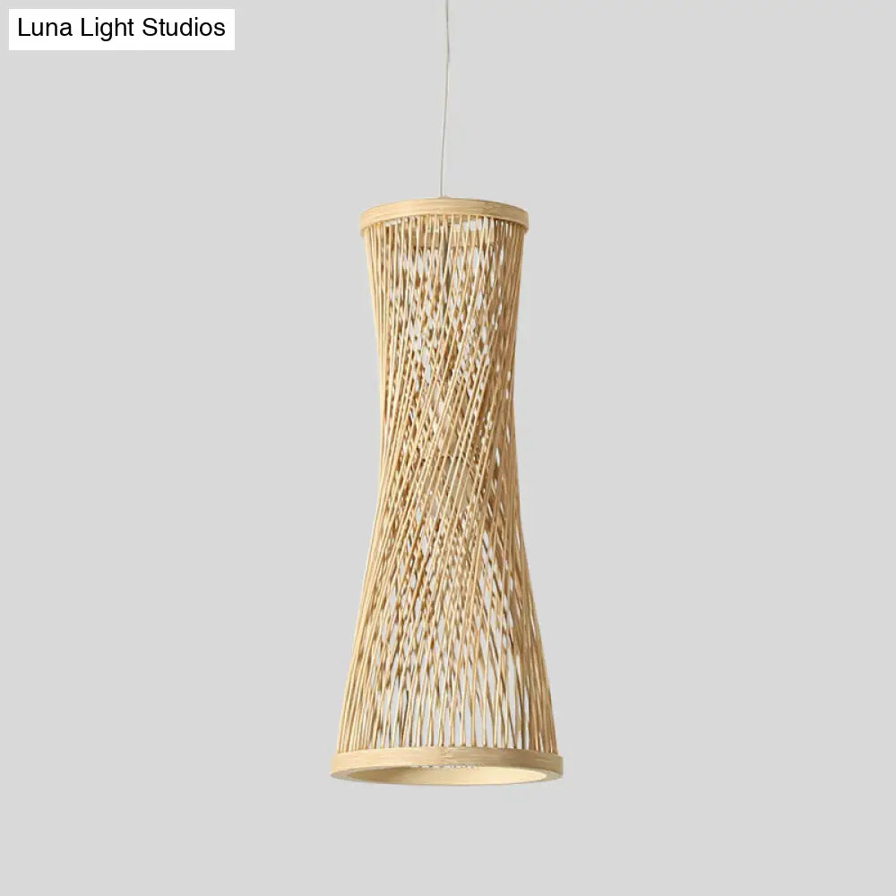 Asian Bamboo Curved Pendant Lighting - 1 Light Beige Fixture For Dining Room