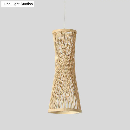 Asian Bamboo Curved Pendant Lighting - 1 Light Beige Fixture For Dining Room