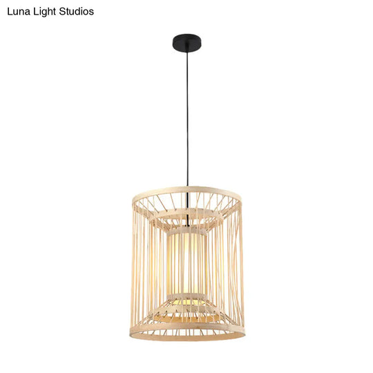 Japanese Style Bamboo Pendant Light In Beige For Restaurant - Single Bulb Ceiling Hanging Fixture /