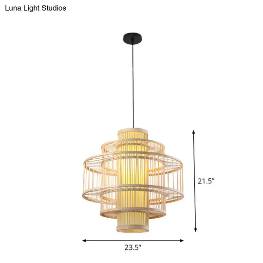 Japanese Style Bamboo Pendant Light In Beige For Restaurant - Single Bulb Ceiling Hanging Fixture