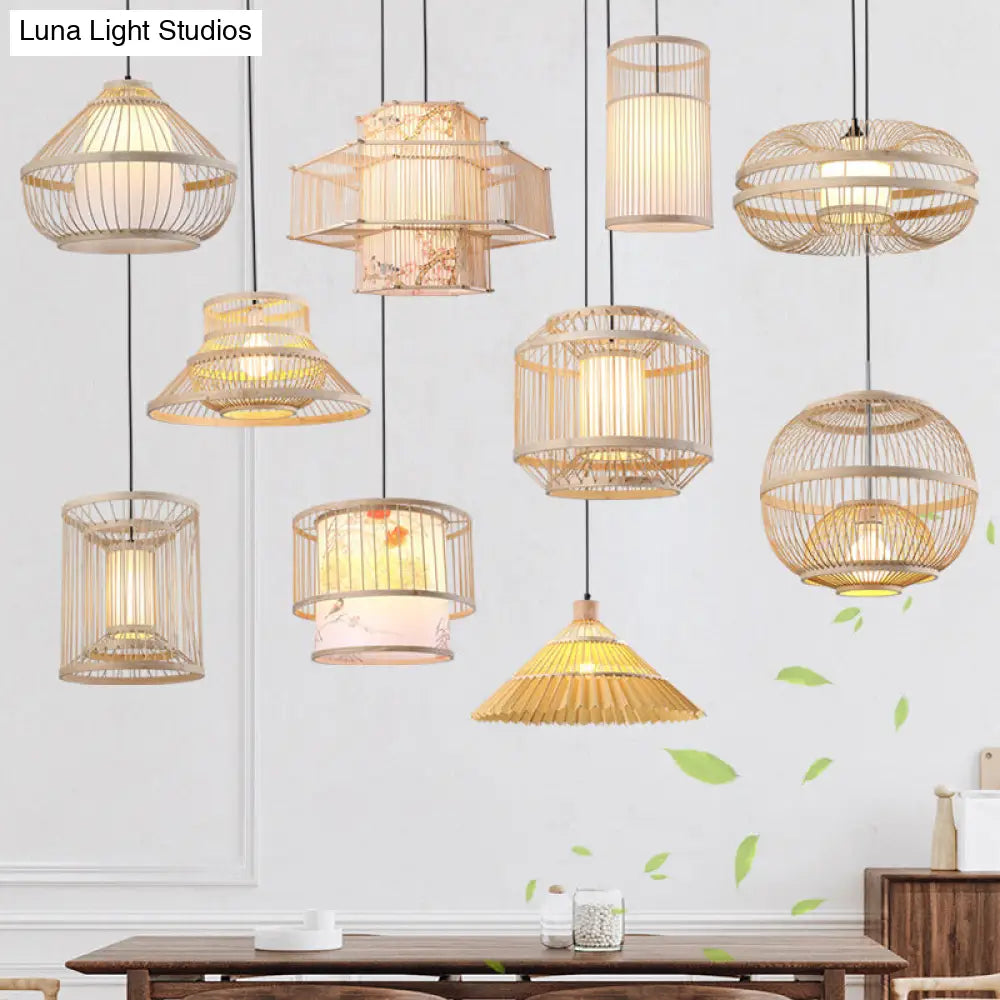 Japanese Style Bamboo Pendant Light In Beige For Restaurant - Single Bulb Ceiling Hanging Fixture