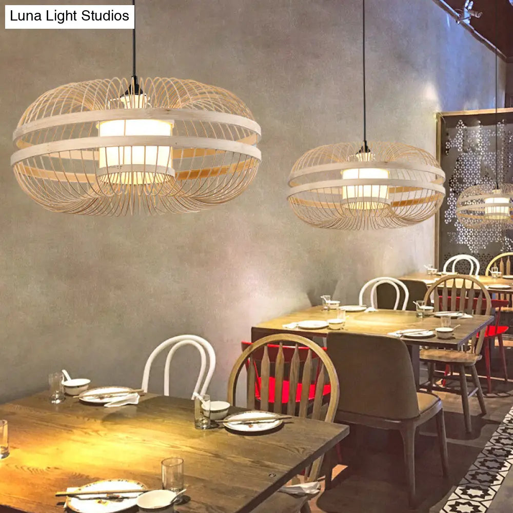 Japanese Style Bamboo Pendant Light In Beige For Restaurant - Single Bulb Ceiling Hanging Fixture /