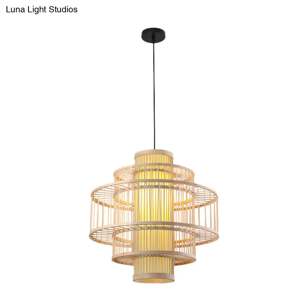 Japanese Style Bamboo Pendant Light In Beige For Restaurant - Single Bulb Ceiling Hanging Fixture /