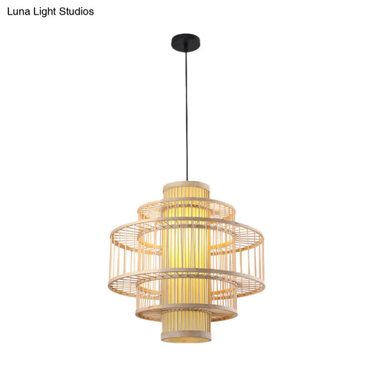 Japanese Style Bamboo Pendant Light In Beige For Restaurant - Single Bulb Ceiling Hanging Fixture /