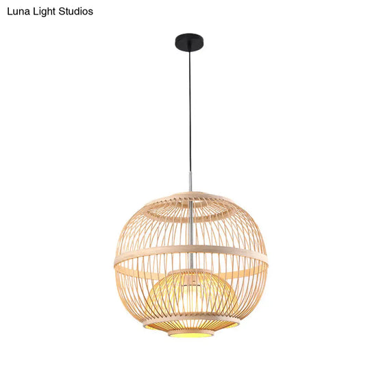 Japanese Style Bamboo Pendant Light In Beige For Restaurant - Single Bulb Ceiling Hanging Fixture /