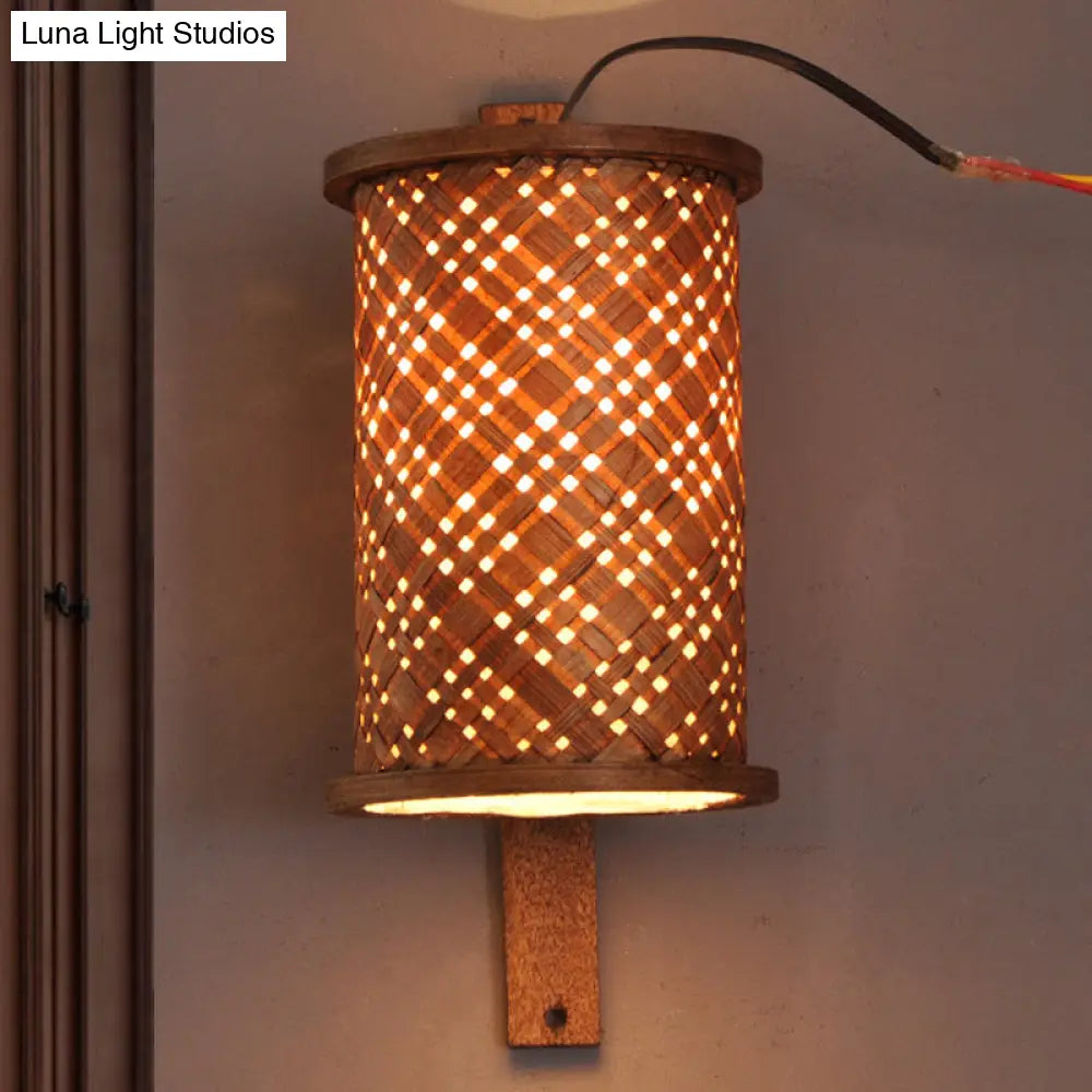 Bamboo Cylinder Wall Sconce In Asian Style - 1 Bulb Brown Light Fixture With Rectangle Backplate