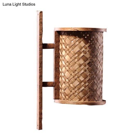 Bamboo Cylinder Wall Sconce In Asian Style - 1 Bulb Brown Light Fixture With Rectangle Backplate